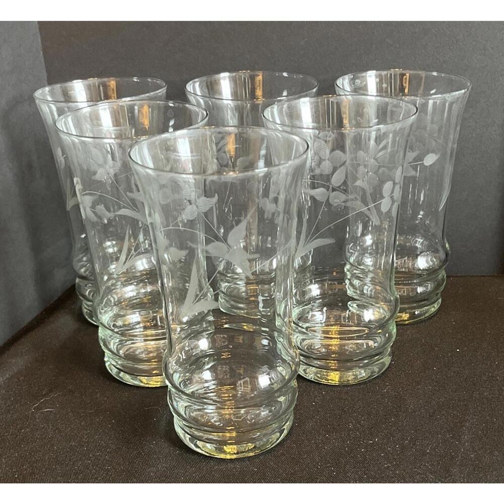 6 Vintage Deco Hocking Glass Ice Tea Tumbler Floral Cut